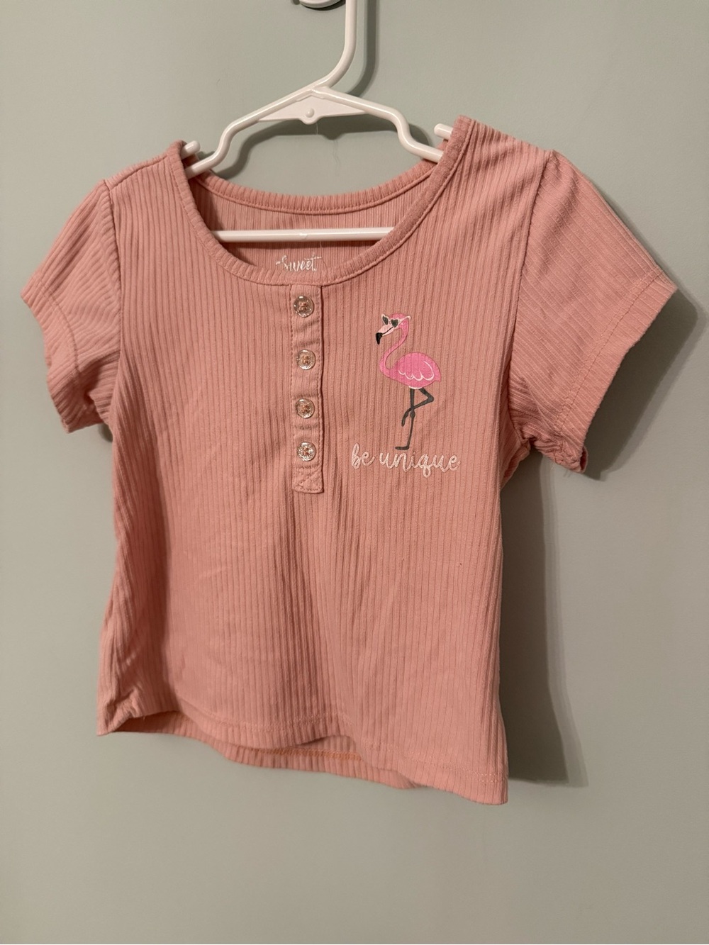 Girls' Pink Ribbed Short Sleeve Top - Be Unique Flamingo Size 7/8